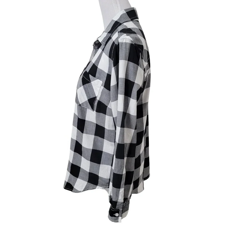 Faded Glory Size S (4-6) Black & White Plaid Long Sleeve Button Down Shirt NEW